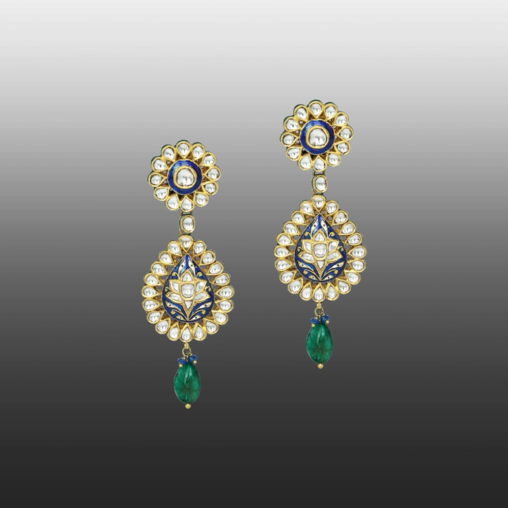 Blue Enamel Polki Earrings with Floral Design and Emerald Drops